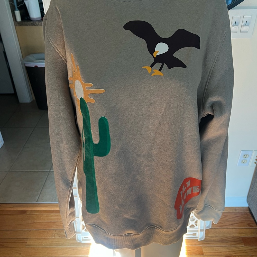 Tan Crewneck Sweater with Graphic Designs